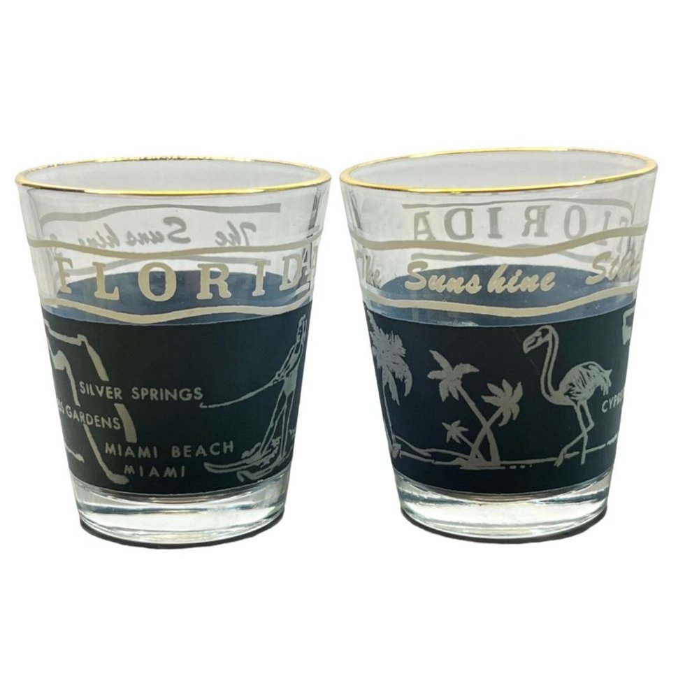 Vintage Florida Souvenir Shot Glasses Set of 2 Gold Rimmed Palm Trees